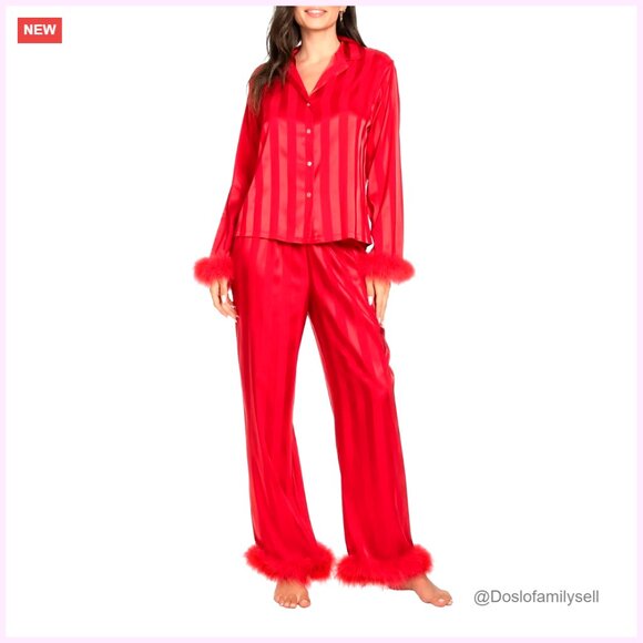 Satin Pajamas Set Feather Trim Long Sleeve Shirt Pants Heart Print Silk